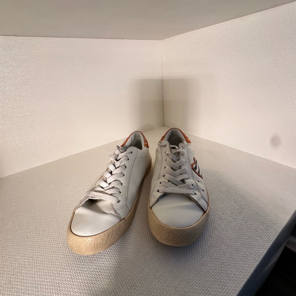 Women's White Sneakers with blue/white striped heart